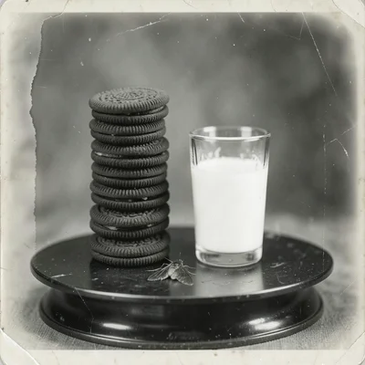 Stacked Oreo cookies forming a tower beside a half-drunk glass of milk and a sin