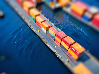 Cargo terminal tilt-shift photograph from a control tower angle, deep cobalt wat