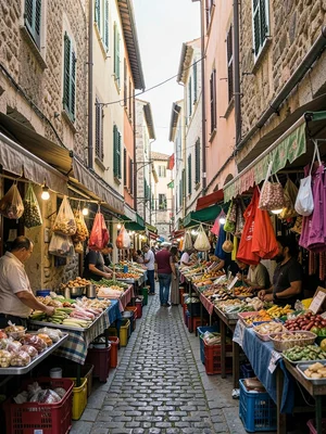 Market stalls layered in narrow alley