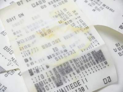Multiple overlapping thermal receipts on a light table, translucent layers of fa