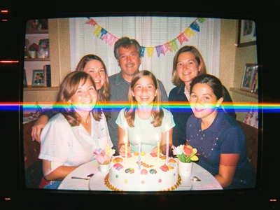 Frozen VHS pause frame of family birthday party, rainbow tracking bar across cen