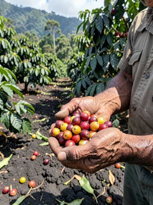 Farmer Holding Ripe Red and Yellow Coffee Cherries
