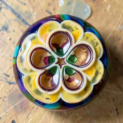Close-up of single millefiori cane cross-section — six-petaled flower in concent