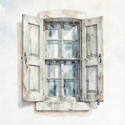 Atmospheric watercolor of a tall mill-house casement window with worn shutters p