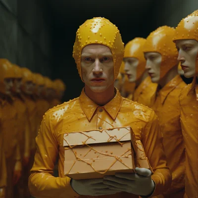 Film still occult portrait of amazon delivery worker