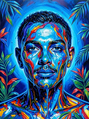 Portrait made of water, face shaped from flowing liquid, backlit, blue tones