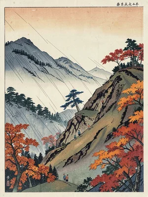 Mountain slope in autumn — three tiny figures ascending, maples in color on eith