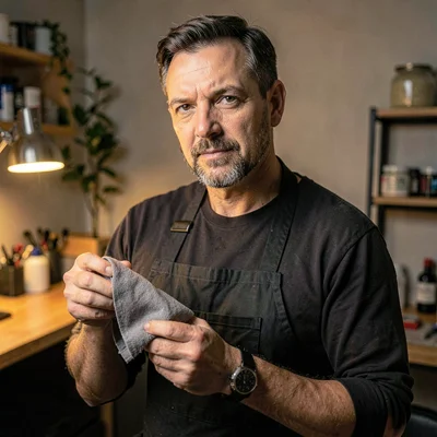 Lamp-lit portrait of a detailer in a black apron holding a microfiber cloth, war