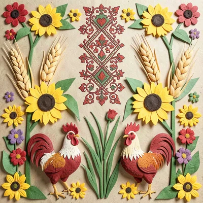 Polish wycinanki paper cut illustration, a harvest scene with wheat sheaves and 