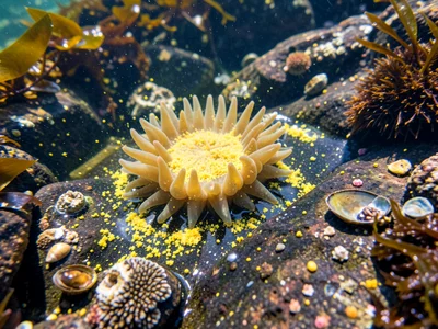 Puddle with floating pollen, yellow powder accumulated in surface eddies, season