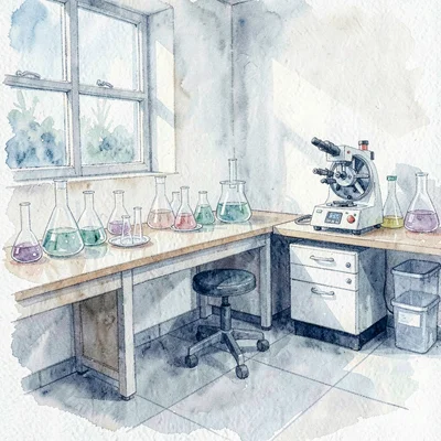 Watercolor wash of a small research lab with benches lined with glassware and a 