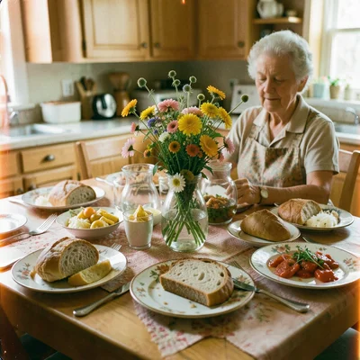 A grandmother's kitchen table set for Sunday dinner, mismatched plates, fresh br