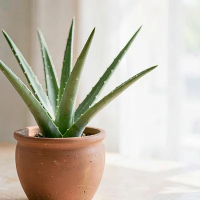 Calm botanical of soft aloe stems in a clay pot, soft morning light, generous ai