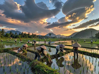 Rice paddies reflecting strange heavens, farmers bent in harvest, conical hats d