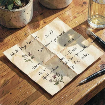 Cozy still life of a folded paper pattern with hand-inked notations on a wooden 