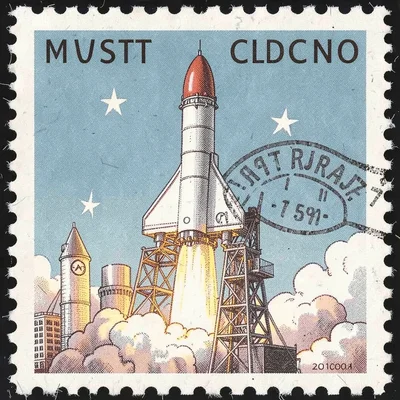 Postage stamp illustration, Space shuttle launch , tiny perfect composition, phi