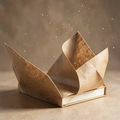 Single kraft book wrap unfurling around a paper book prop, dust motes drifting