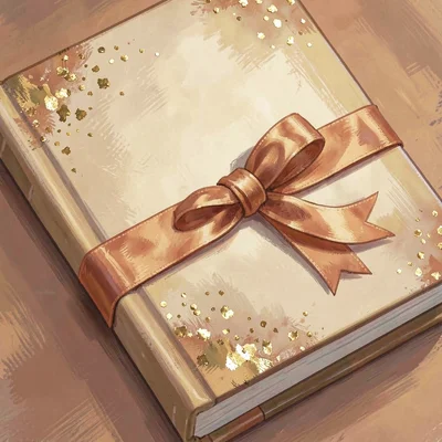 Warm painted close-up of a journal cover with a satin ribbon marker, gold flecks