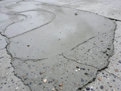 Fresh concrete pour surface with slight trowel marks in wet cement, just beginni