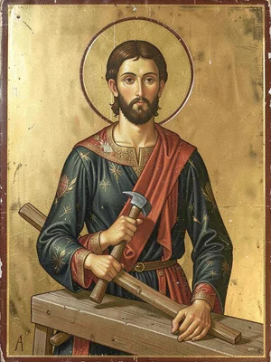 Carpenter with hammer and timber, Byzantine elongation of limbs