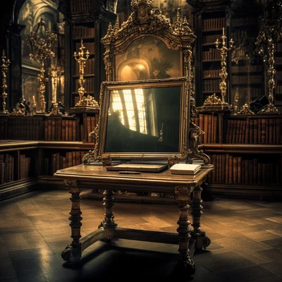 Photo In an old library a mirror reflects a digital s