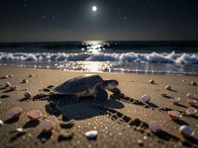 A newly hatched sea turtle making its way across moonlit sand toward the ocean, 
