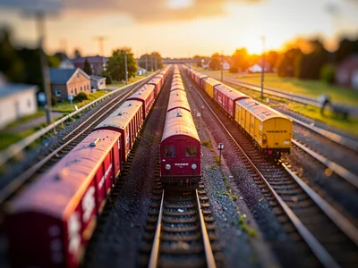 Near sunset tilt-shift photograph from a rail bridge of a switching yard, satura