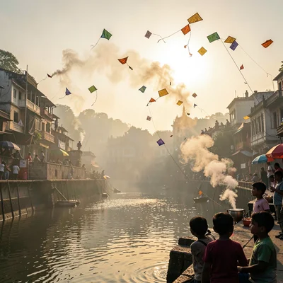 Sacred smoke catching golden Ganges light in Varanasi, Children flying kites fro