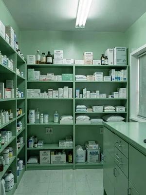 Medical supply closet with green shelving, organized healing materials