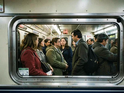 Subway passengers through window