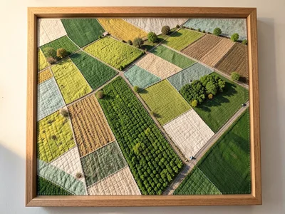 Aerial view of patchwork agricultural fields in spring, varying greens