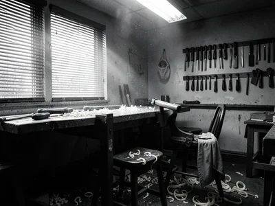 A woodworker's workshop at the end of a day, the workbench showing an unfinished