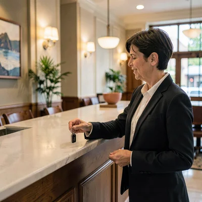 Wide shot of a customer receiving keys at a counter with a softly lit lobby behi