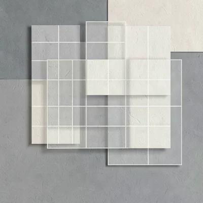 Flat-vector dashboard composition with overlapping translucent grid panels, slat