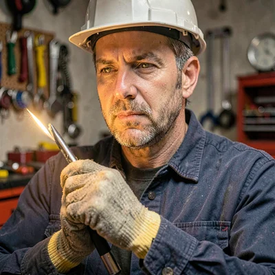 Tight portrait of a crew lead in work gloves, garage worklight glow catching the