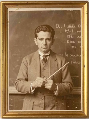 Schoolteacher in front of a chalkboard (no legible marks), pointer in hand, seve