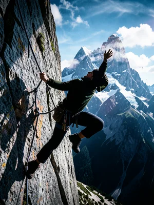 Climber silhouette filled with cliff face and mountain peak, double exposure