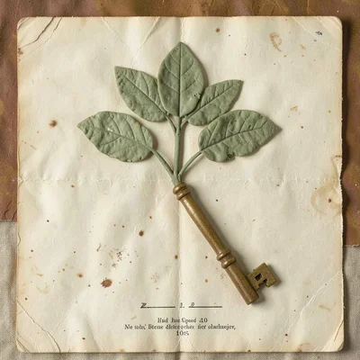 Flattened pressed-clay rendition of a brass key catalogued like a specimen, lyin