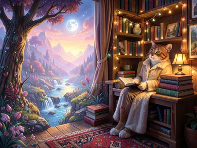 A breathtaking surreal landscape, dreamlike atmosphere, A cozy reading nook with