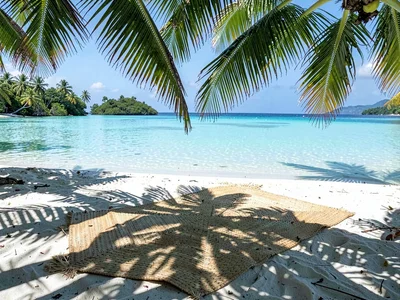 Lagoon turquoise light in Rarotonga, Woven pandanus mat in the shade of palms, l