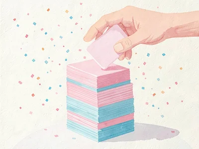 Cards-being-dealt scene in flat gouache, a tall stack distributed by an unseen h