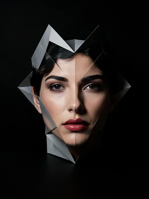 Paper origami face unfolding to reveal photographic portrait inside folds