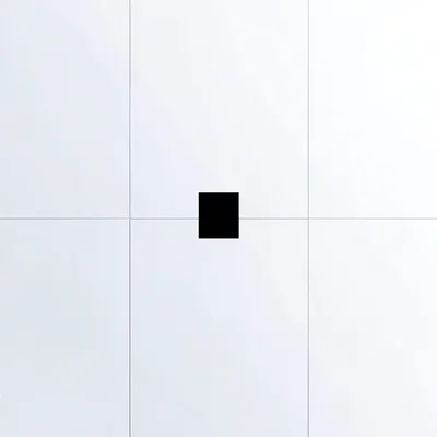 Blanc-studio swiss minimal layout on cool white with a single small black rectan