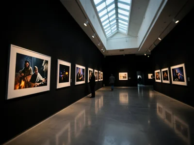 A photography gallery: black walls, spotlit prints in white mats, the images glo