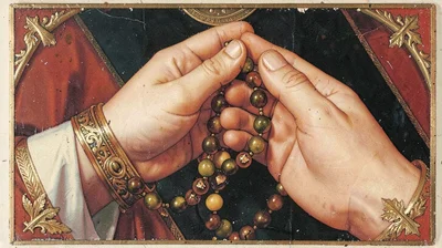 Egg tempera illustration, hands holding rosary beads , yolk-bound pigment, gold 