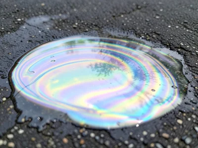 Thin film interference on a puddle, petroleum creating pastel swirls on dark asp