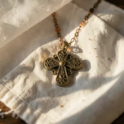 Intimate warm-toned photograph, Brass cross pendant on white cotton fabric, deta