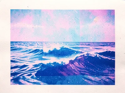 Risograph print of ocean waves in two-color blue separation, foam detail lost to
