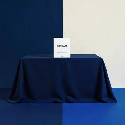Bold blockcolor og card of a draped tablecloth in flat planes, navy and bone pal