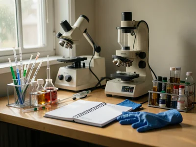 A scientist's lab bench: pipettes, a centrifuge, sample tubes in a rack, a lab n